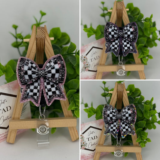 Black & White Checkered Coquette Bow Interchangeable Badge Topper