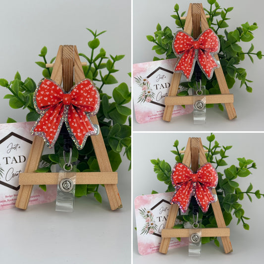 Red Heart Print Coquette Bow Interchangeable Badge Topper