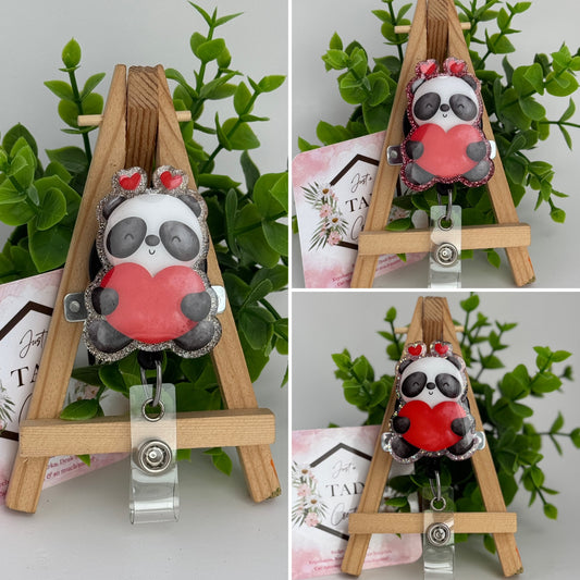 Panda Bear Holding a Heart Interchangeable Badge Reel Topper