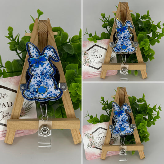 Blue Floral Bunny Silhouette Interchangeable Badge Topper