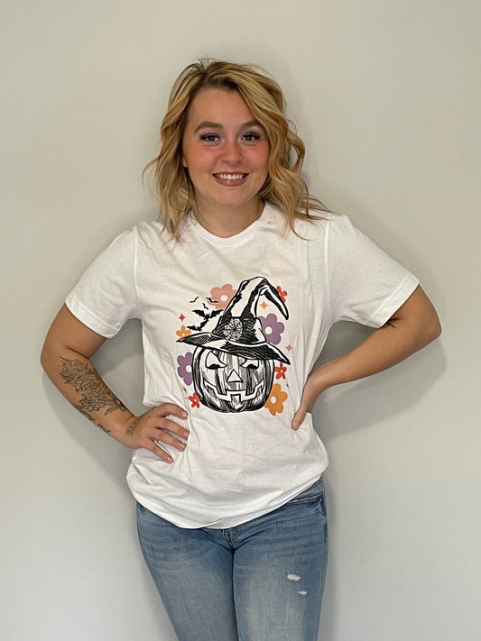 Jack-o-Lantern with Witch Hat Graphic Short Sleeve T-shirt