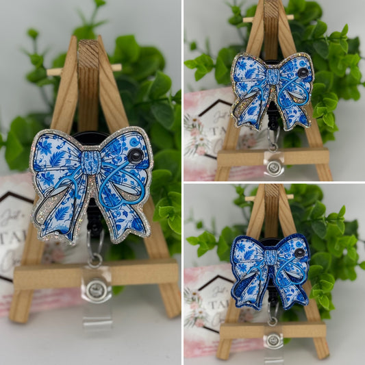 Blue Floral Stethoscope Coquette Bow Interchangeable Badge Topper