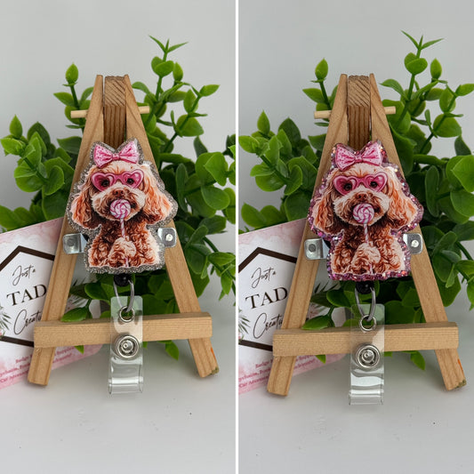 Golden Doodle with Valentine Lollipop Interchangeable Badge Reel Topper