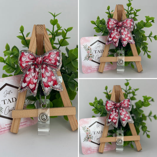 Frilly Pink Heart Print Coquette Bow Interchangeable Badge Topper