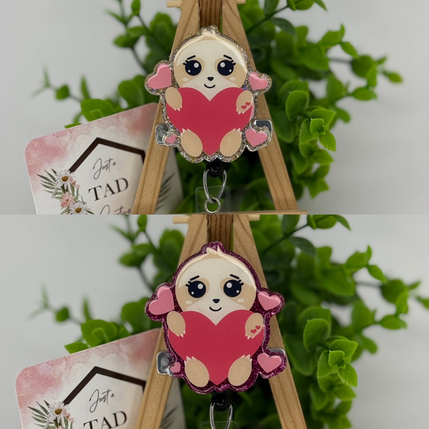 Cute Sloth Holding Heart Glittered Interchangeable Badge Topper