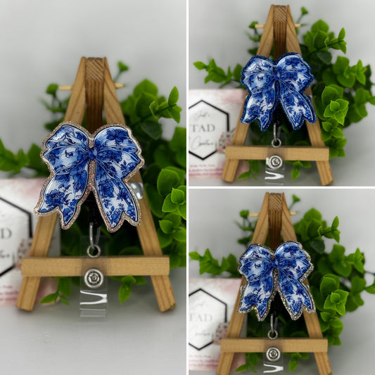 Blue Floral Coquette Bow Interchangeable Badge Topper