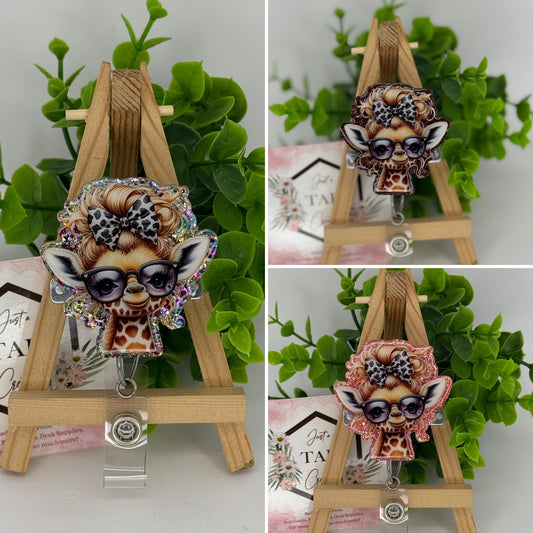 Sassy Giraffe with Curly Hair and Glasses Interchangeable Badge Topper