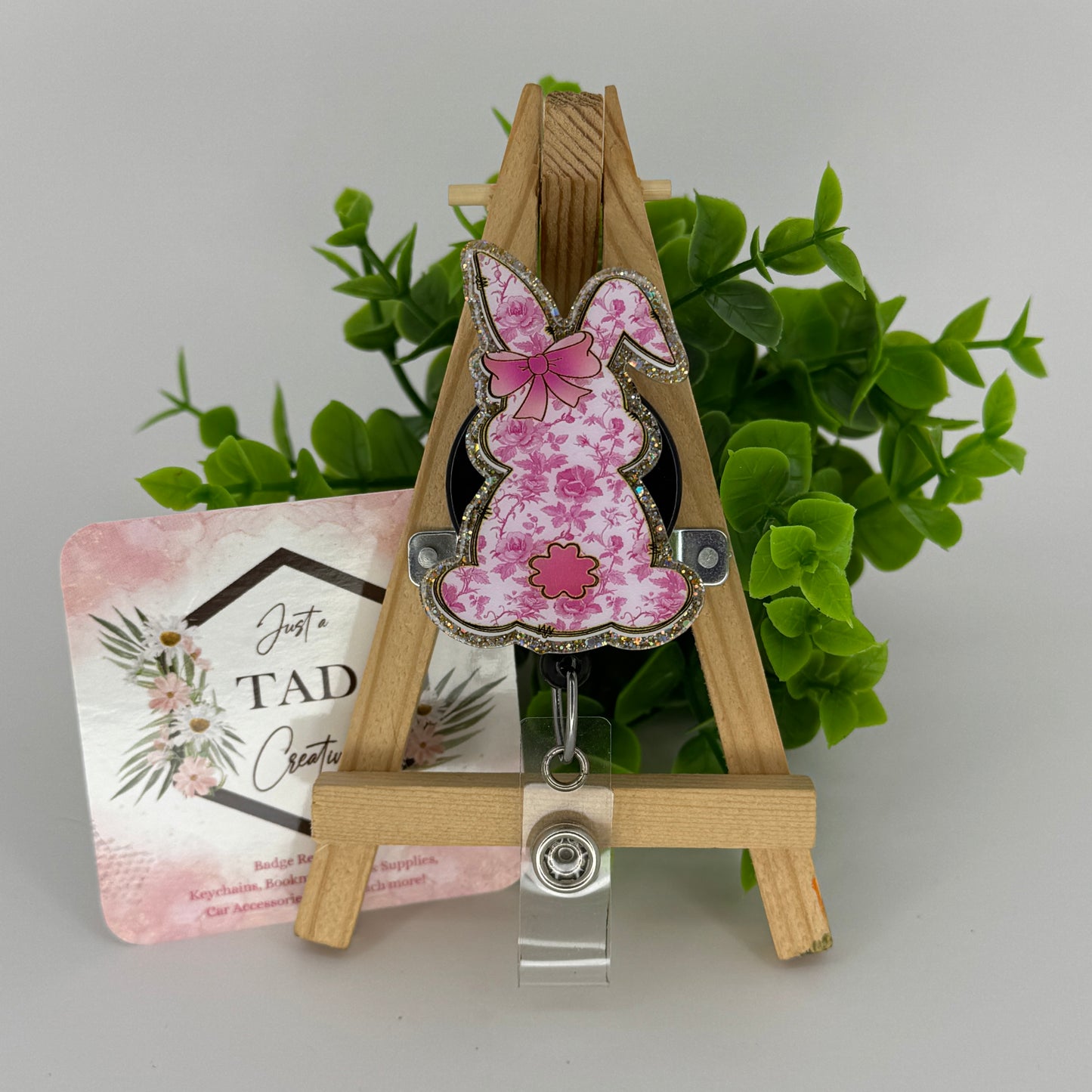 Pink Floral Bunny Silhouette Interchangeable Badge Topper