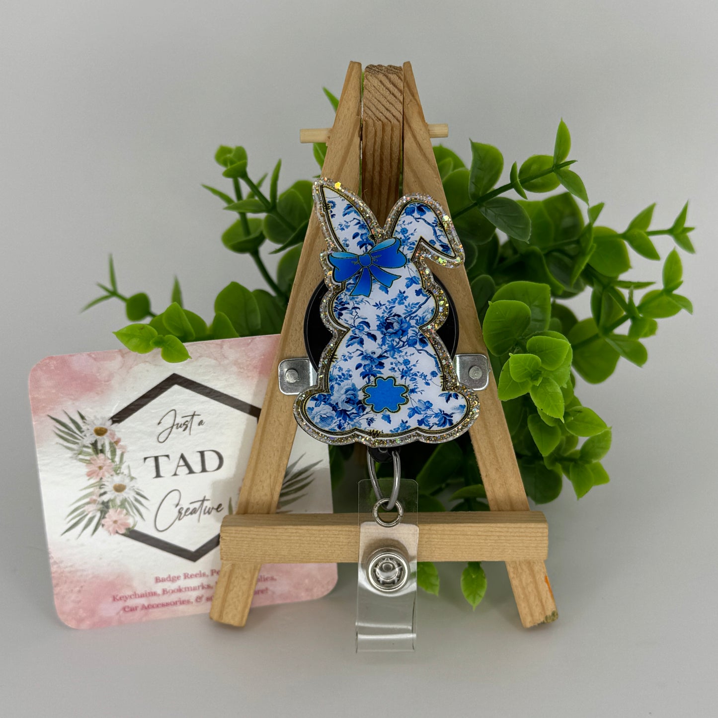 Blue Floral Bunny Silhouette Interchangeable Badge Topper