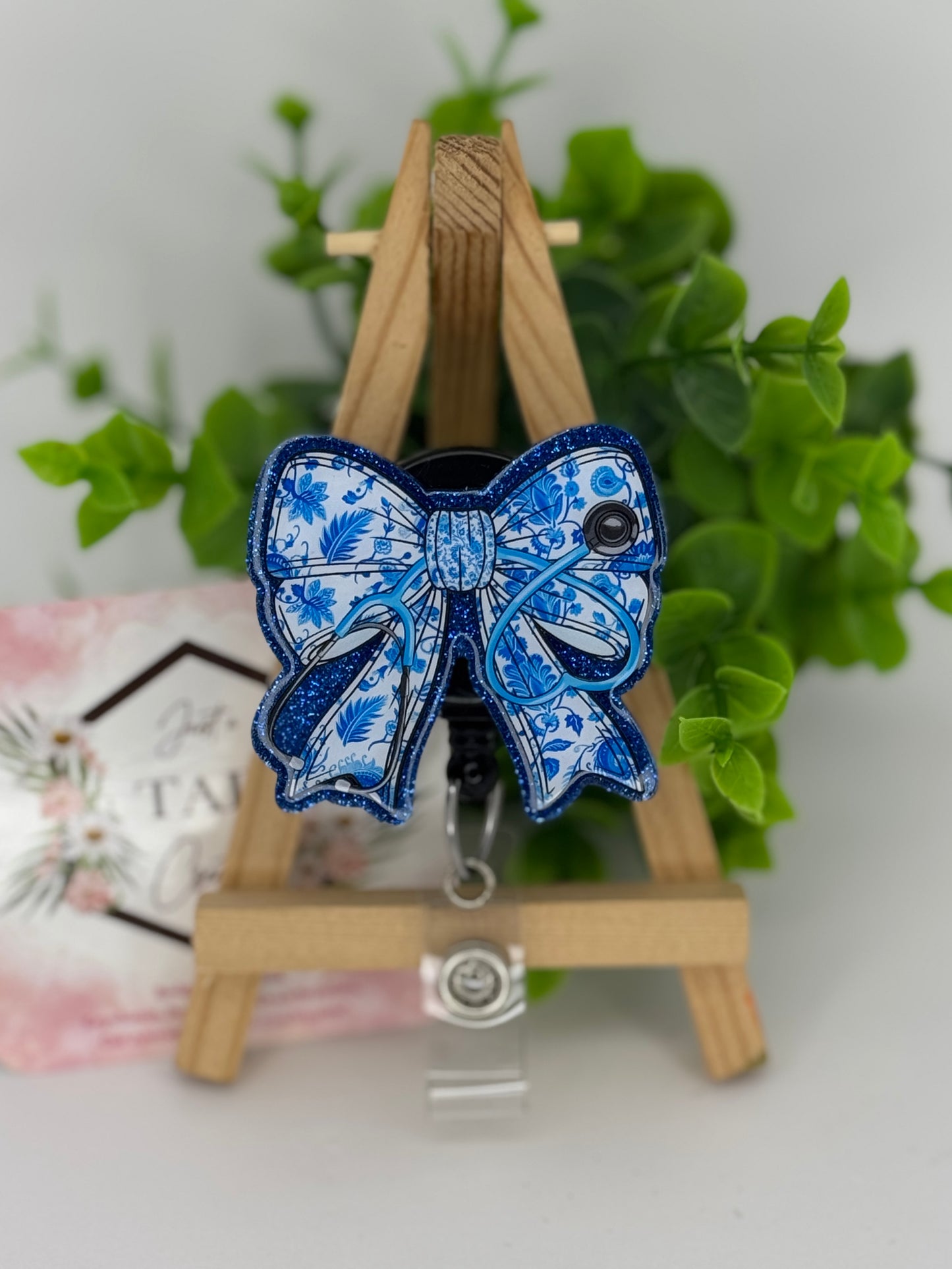 Blue Floral Stethoscope Coquette Bow Interchangeable Badge Topper
