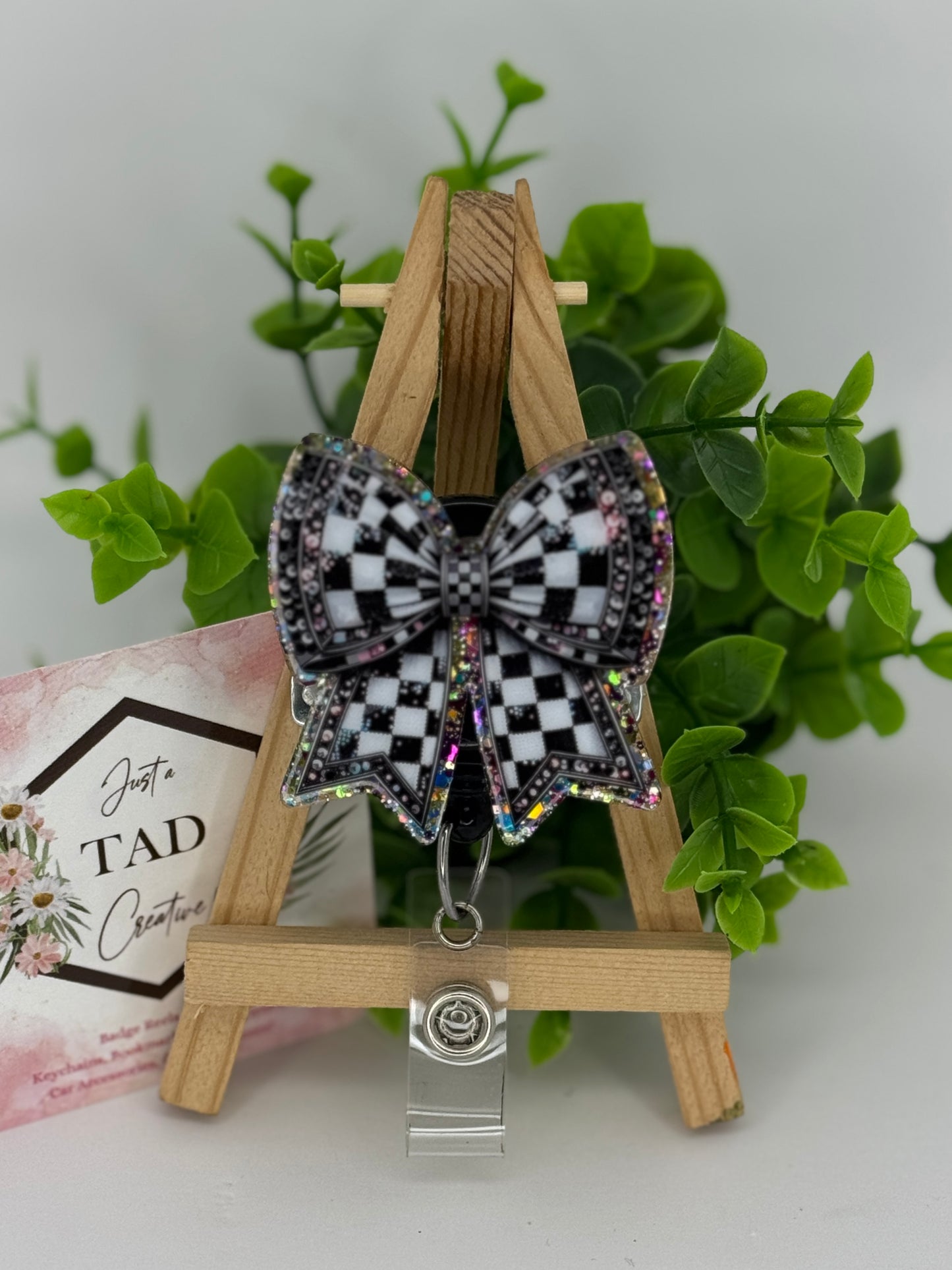 Black & White Checkered Coquette Bow Interchangeable Badge Topper