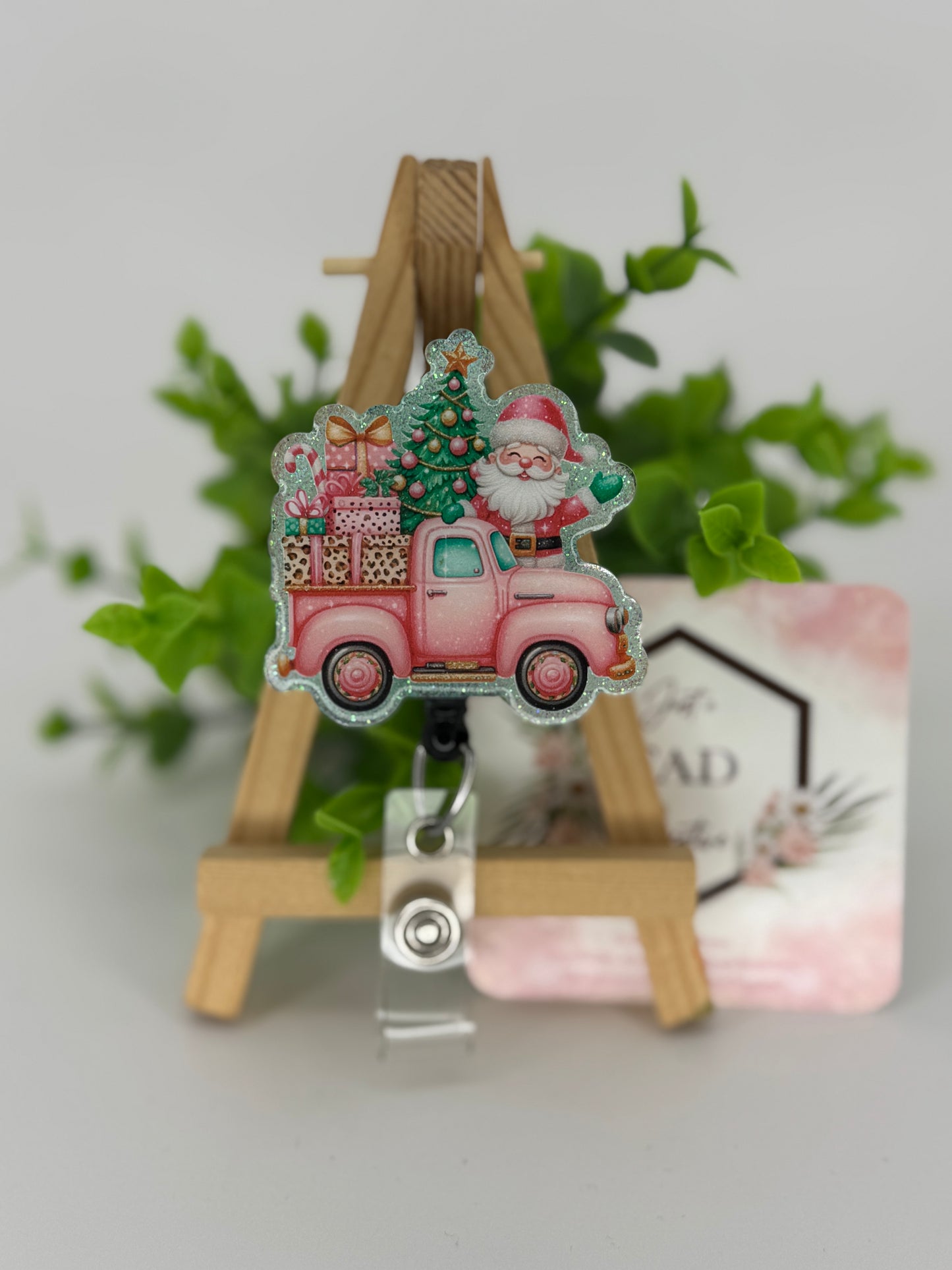 Santa in Vintage Pink Truck Interchangeable Badge Reel Topper