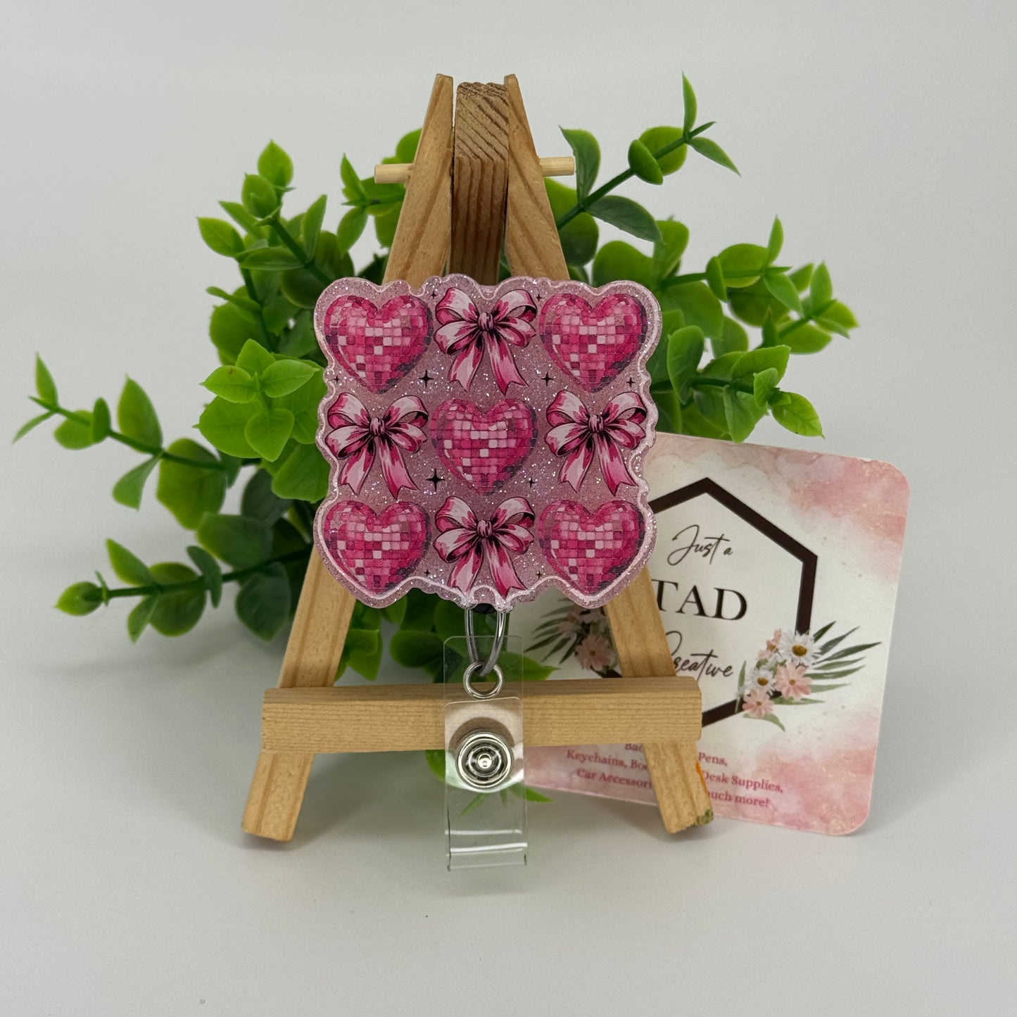 Pink Disco Heart & Bow Interchangeable Badge Reel Topper
