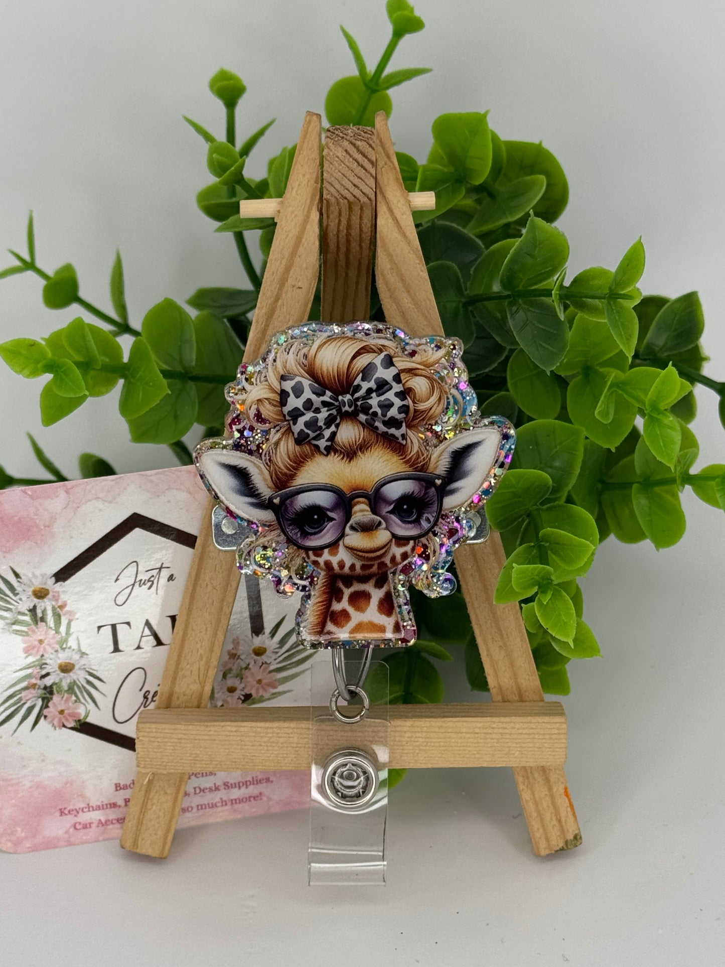 Sassy Giraffe with Curly Hair and Glasses Interchangeable Badge Topper