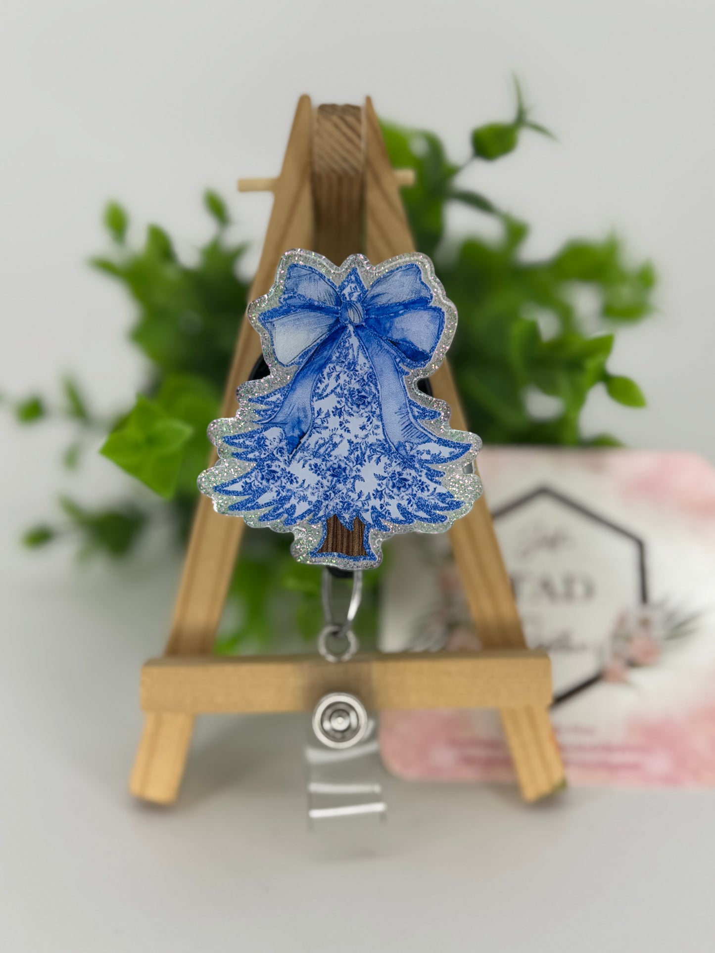 Blue Floral Print Christmas Tree Interchangeable Badge Reel Topper