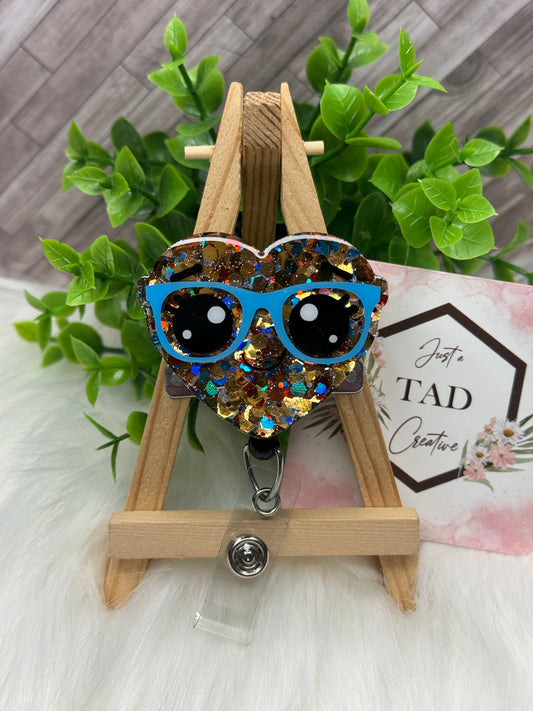 Heart with Glasses Glittered Interchangeable Badge Reel Topper
