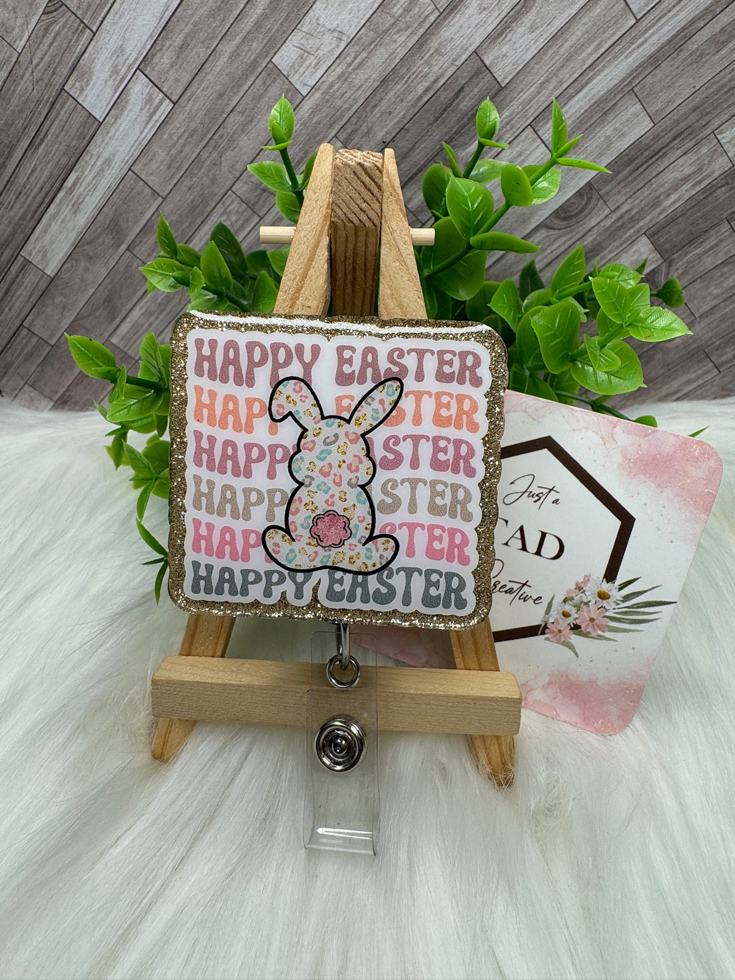Happy Easter with Cheetah Print Bunny Silhouette Interchangeable Topper