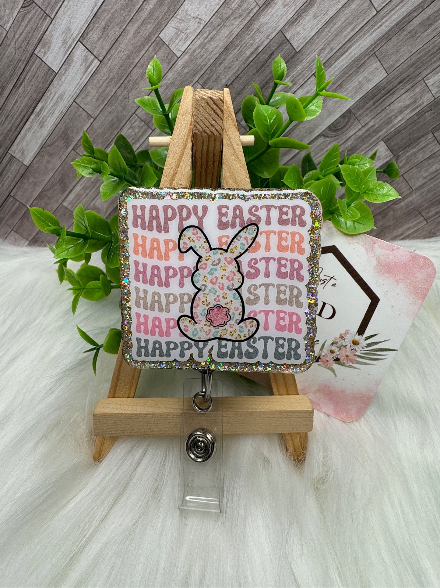 Happy Easter with Cheetah Print Bunny Silhouette Interchangeable Topper