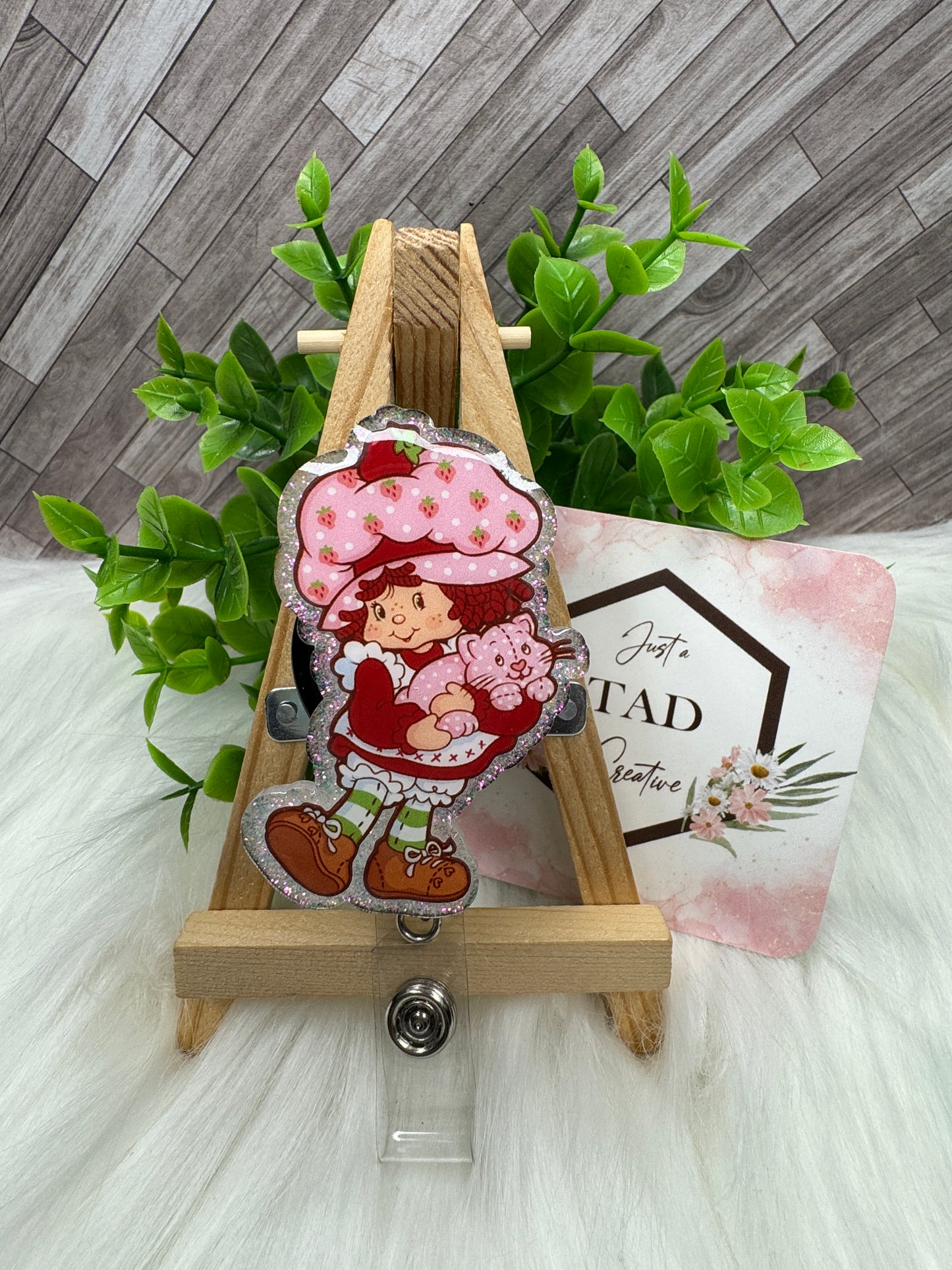 Strawberry Girl holding Cat Cartoon Character Interchangeable Badge Reel Topper