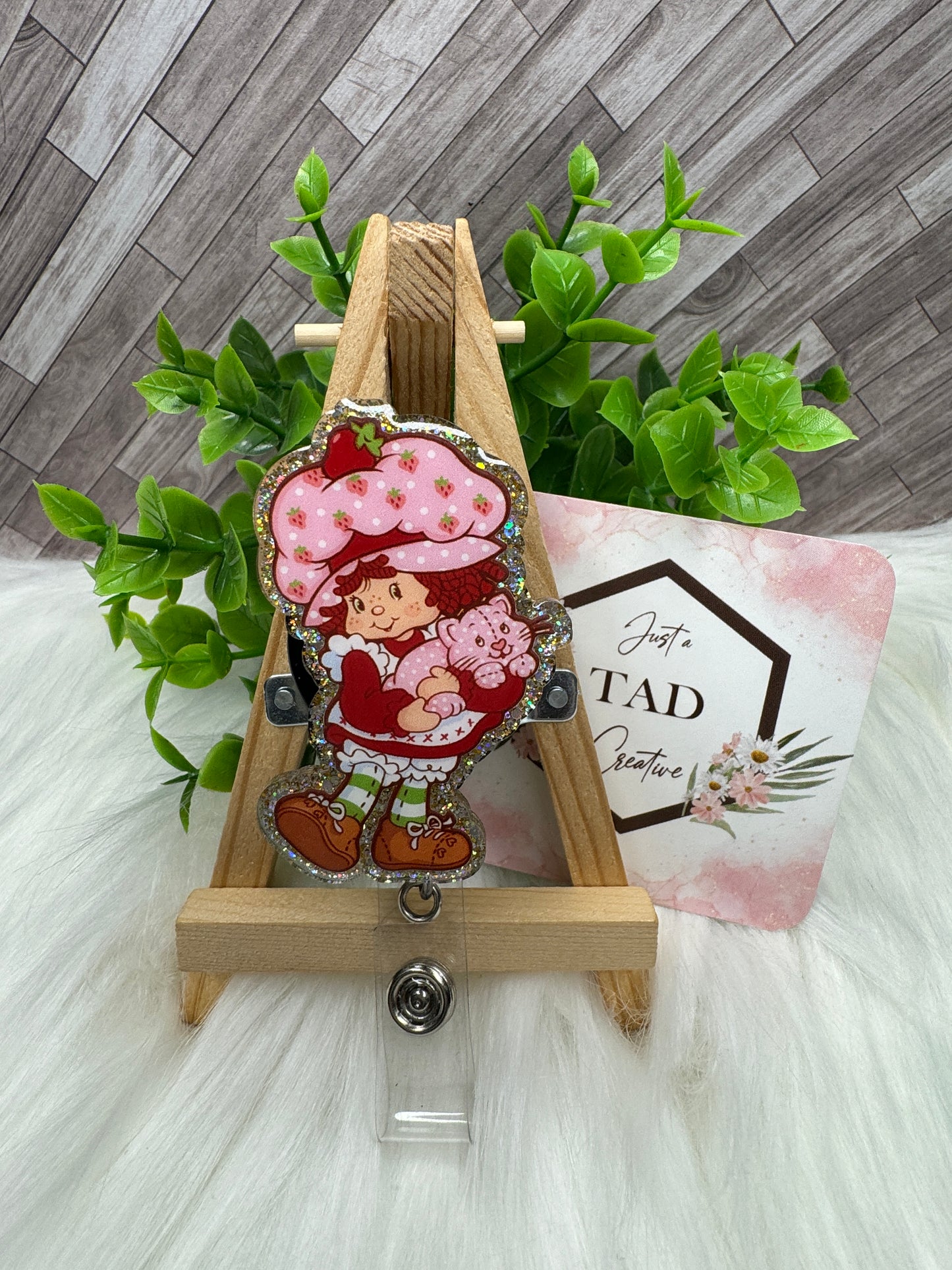 Strawberry Girl holding Cat Cartoon Character Interchangeable Badge Reel Topper