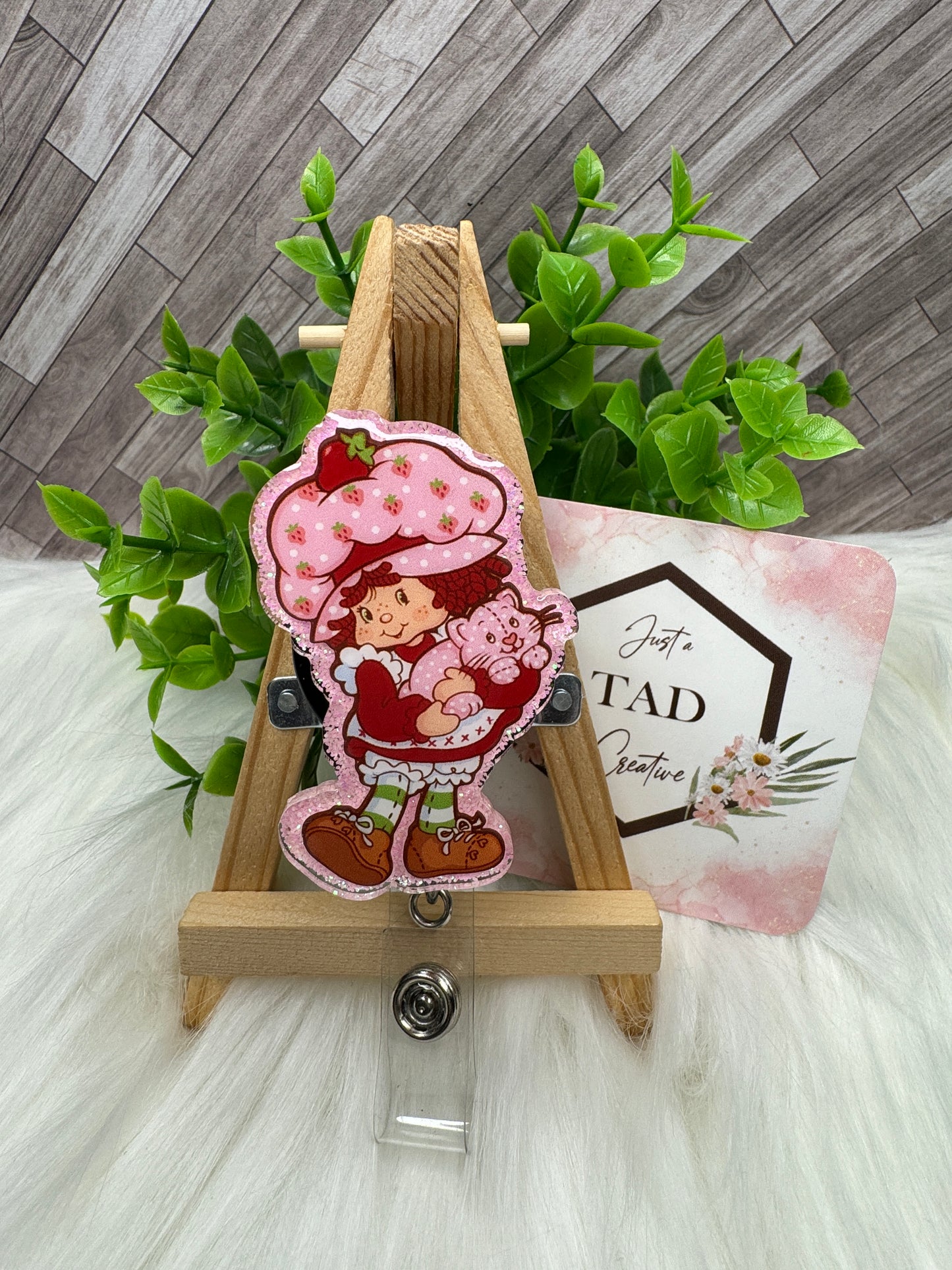 Strawberry Girl holding Cat Cartoon Character Interchangeable Badge Reel Topper