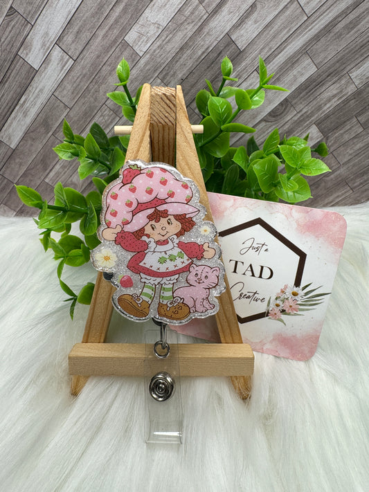 Strawberry Girl with Cat Cartoon Character Interchangeable Badge Reel Topper