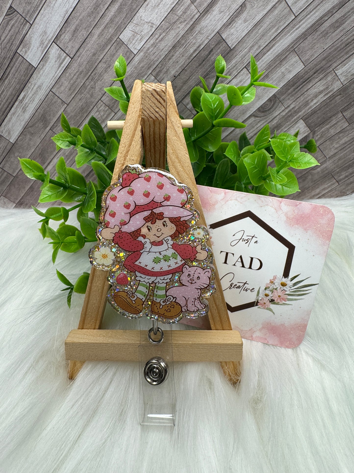 Strawberry Girl with Cat Cartoon Character Interchangeable Badge Reel Topper