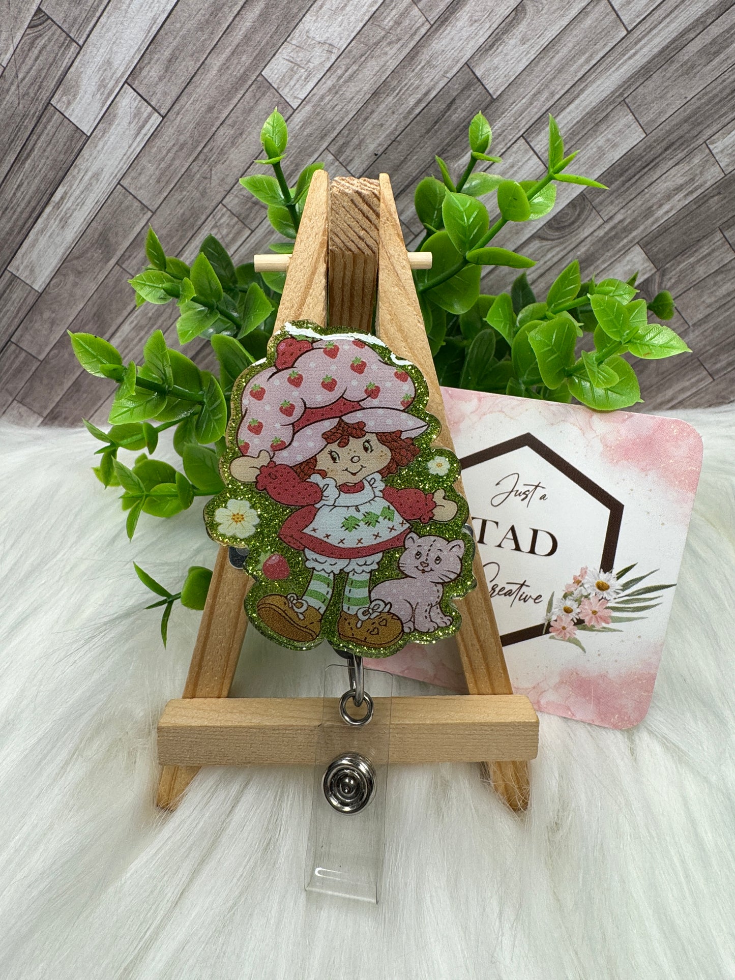 Strawberry Girl with Cat Cartoon Character Interchangeable Badge Reel Topper