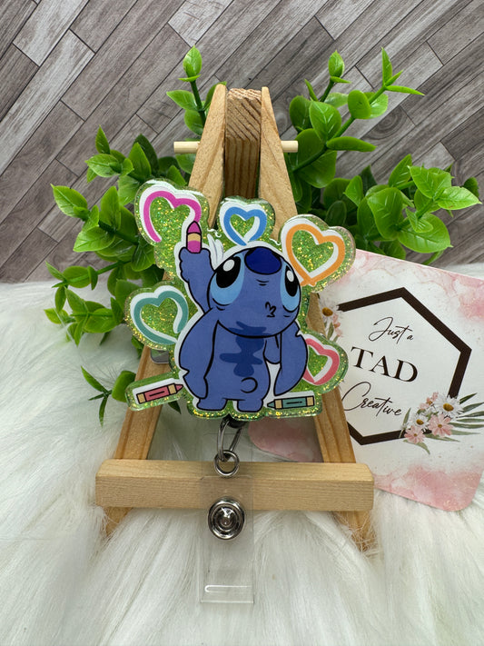 Blue Alien Drawing Hearts Interchangeable Badge Reel Topper