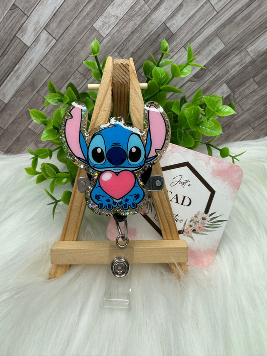 Blue Alien with Heart Interchangeable Badge Reel Topper