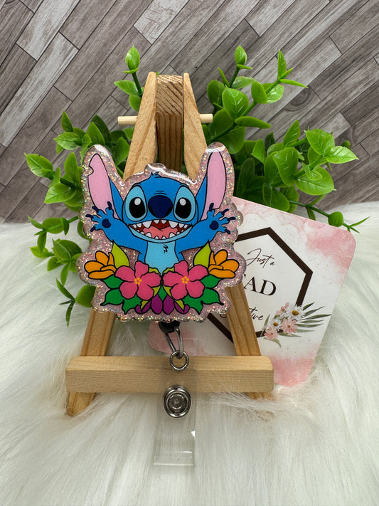 Blue Alien with Flowers Interchangeable Badge Reel Topper