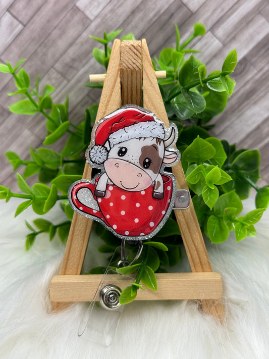 Cute Cow with Santa Hat in Cup Interchangeable Badge Topper