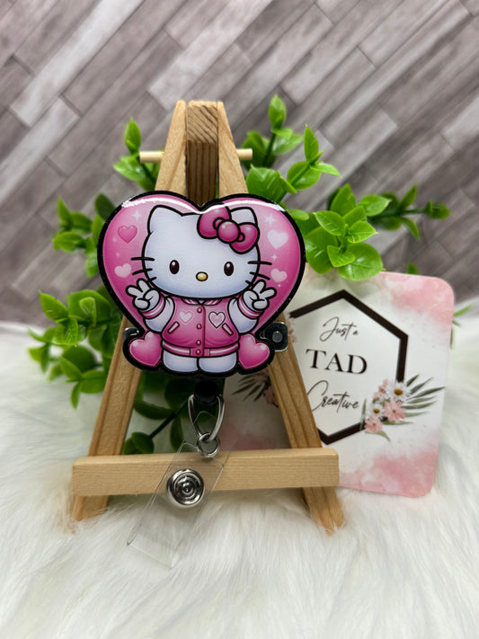 White Kitty in Varsity Jacket Interchangeable Badge Reel Topper