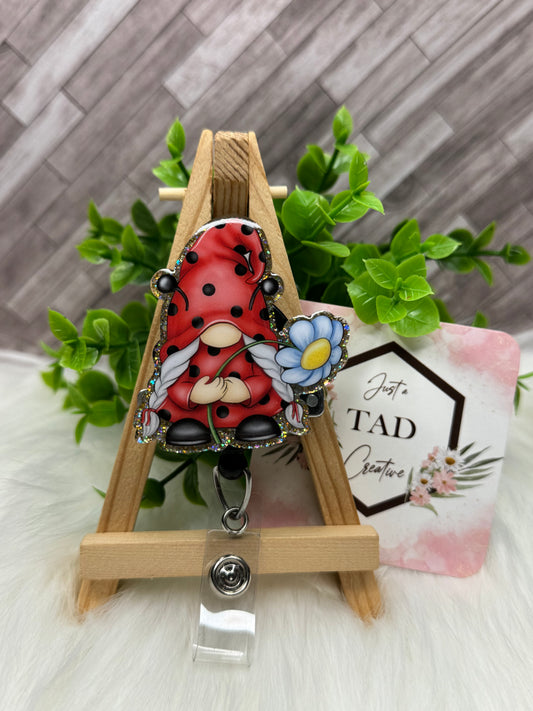 Lady Bug Gnome with Daisy Interchangeable Badge Reel Topper