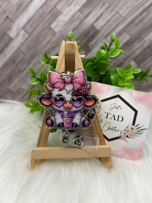 Cute Cow with Heart Glasses Interchangeable Badge Reel Topper