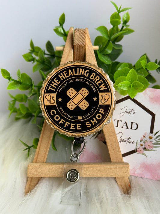 The Healing Brew Coffee Shop Logo Style Glittered Interchangeable Topper