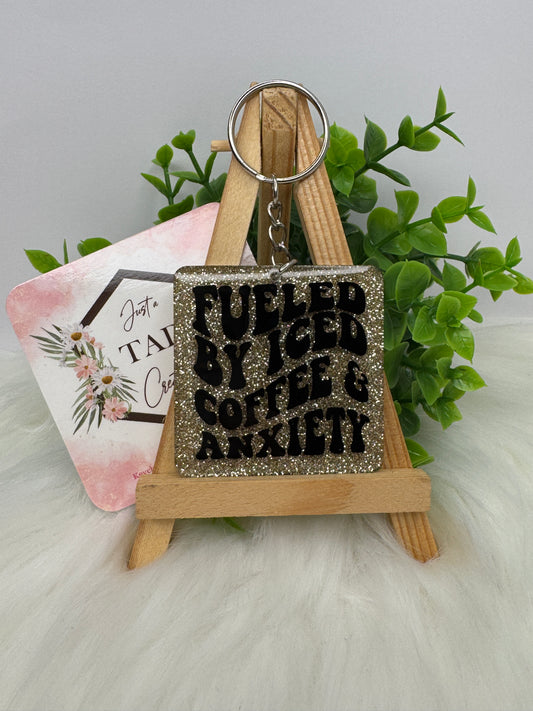 Fueled by Iced Coffee & Anxiety Glittered Keychain / Bag Tag