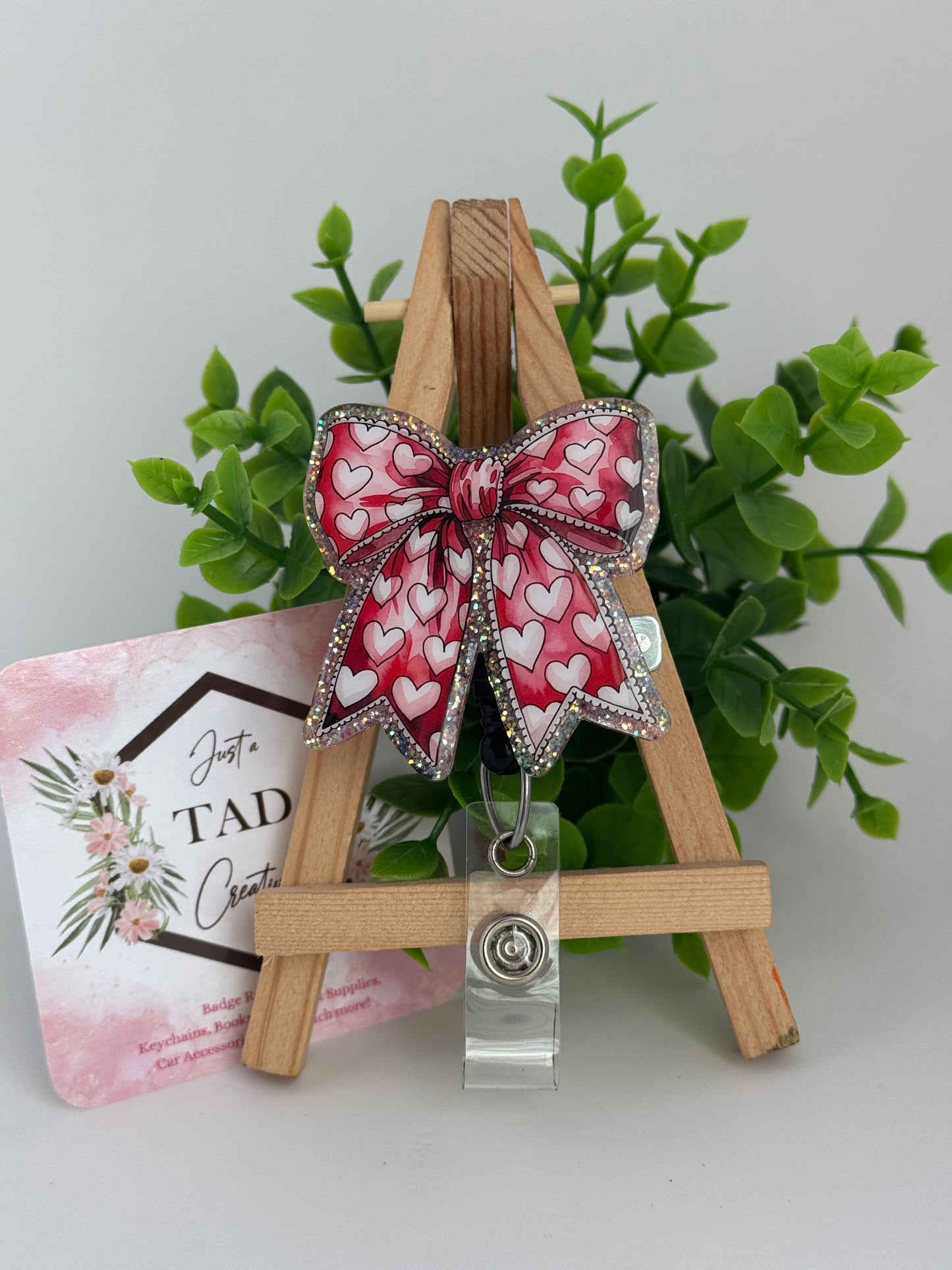 Frilly Pink Heart Print Coquette Bow Interchangeable Badge Topper