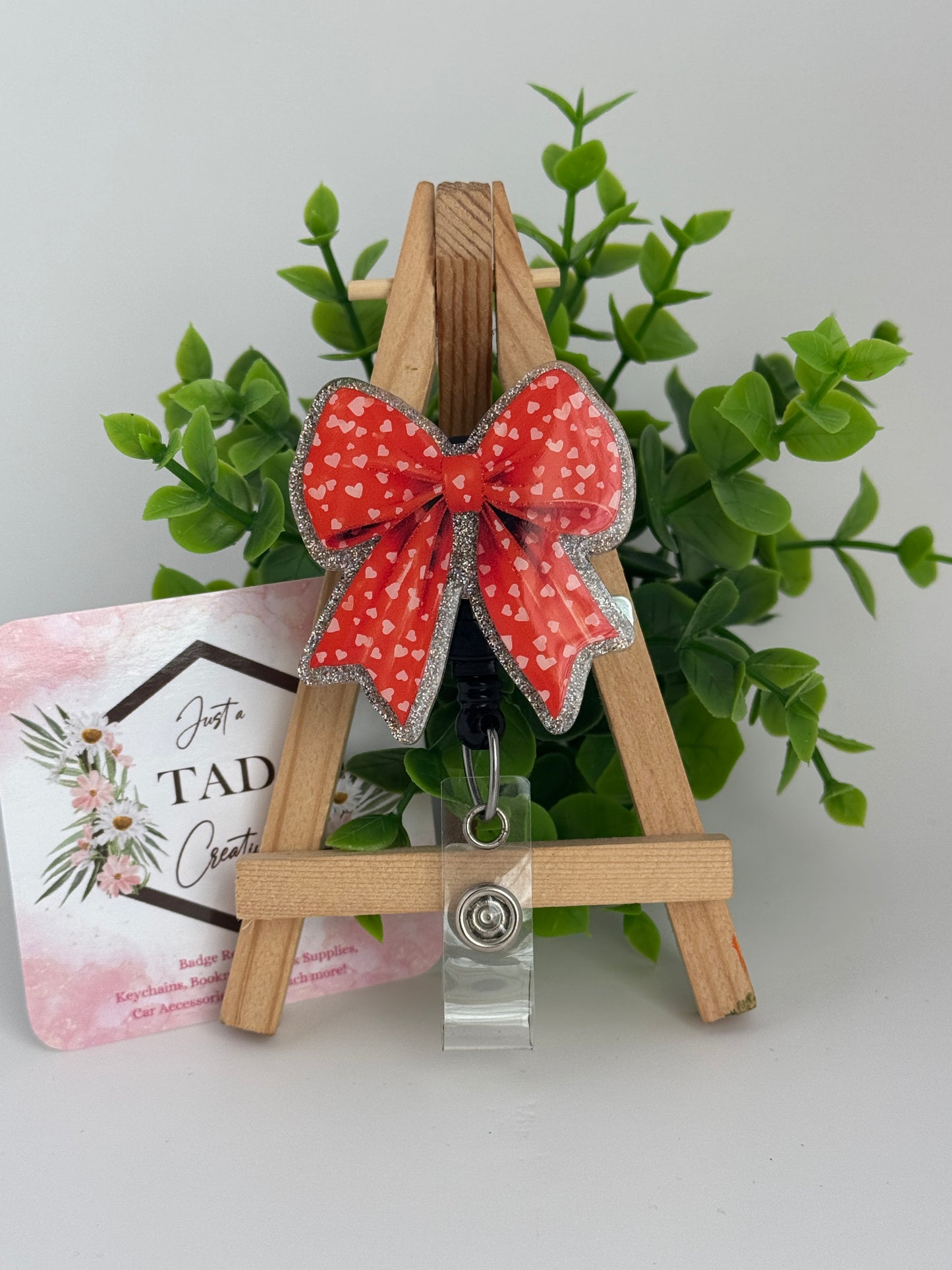 Red Heart Print Coquette Bow Interchangeable Badge Topper