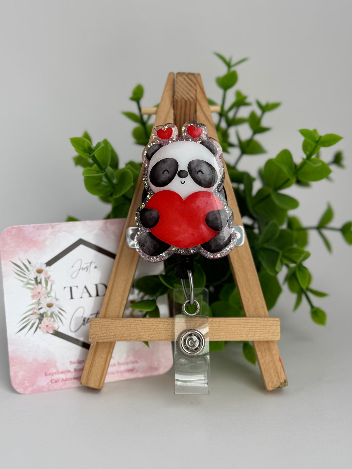 Panda Bear Holding a Heart Interchangeable Badge Reel Topper