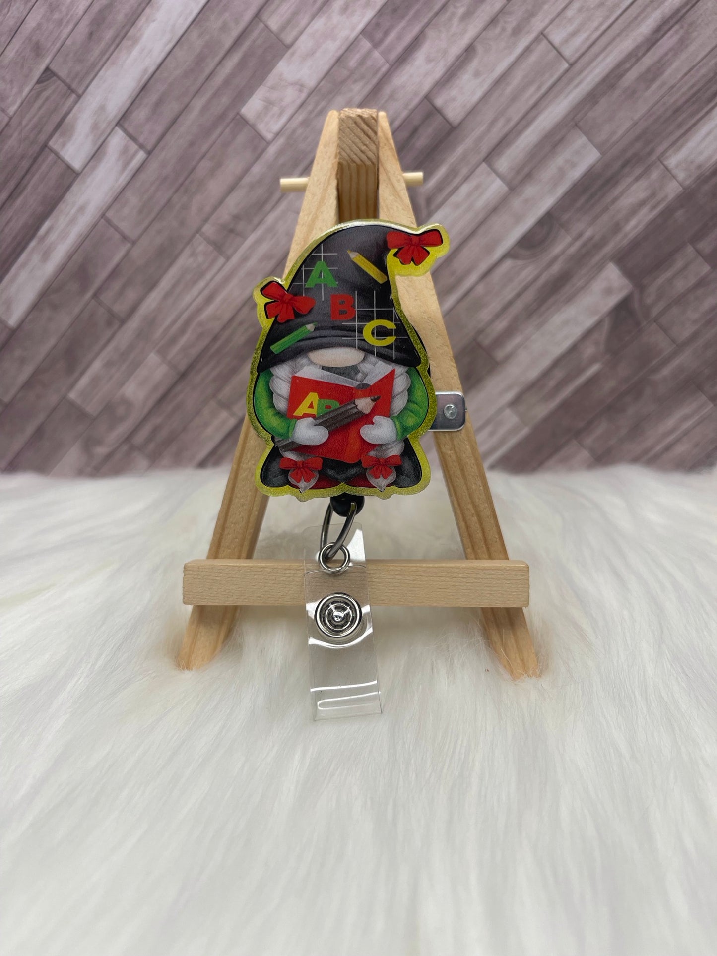 School Teacher Gnome Glittered Interchangeable Badge Reel Topper