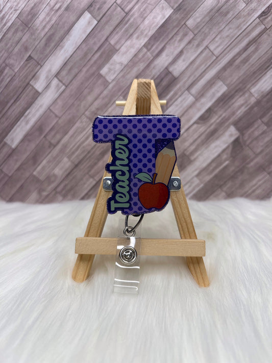 Teacher "T" Glittered Interchangeable Badge Reel Topper
