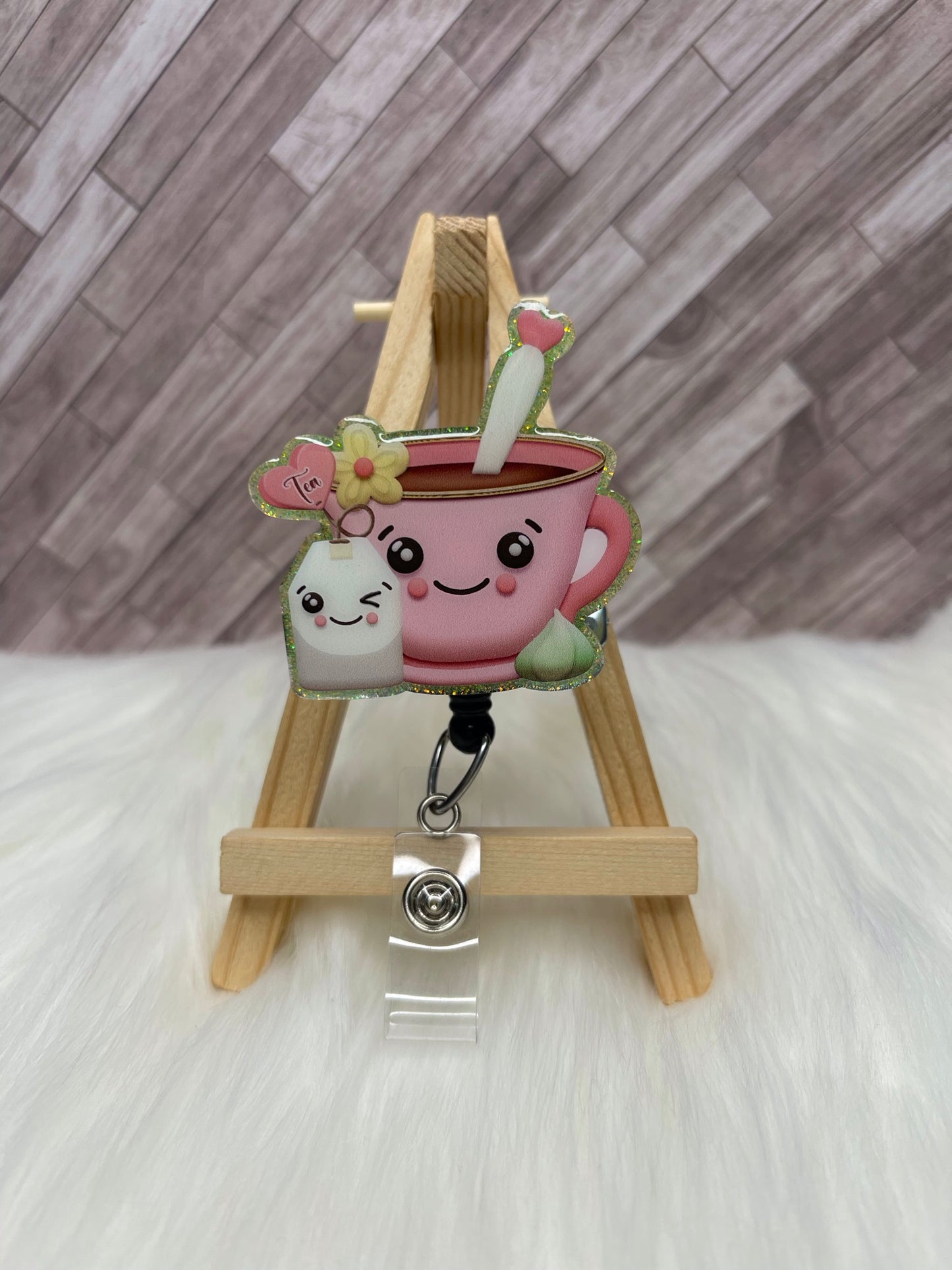 Cute Tea and Milk Glittered Interchangeable Badge Reel Topper