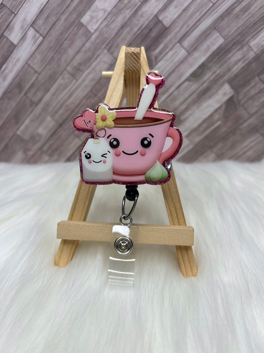 Cute Tea and Milk Glittered Interchangeable Badge Reel Topper