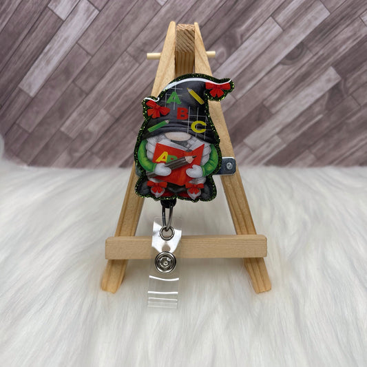School Teacher Gnome Glittered Interchangeable Badge Reel Topper