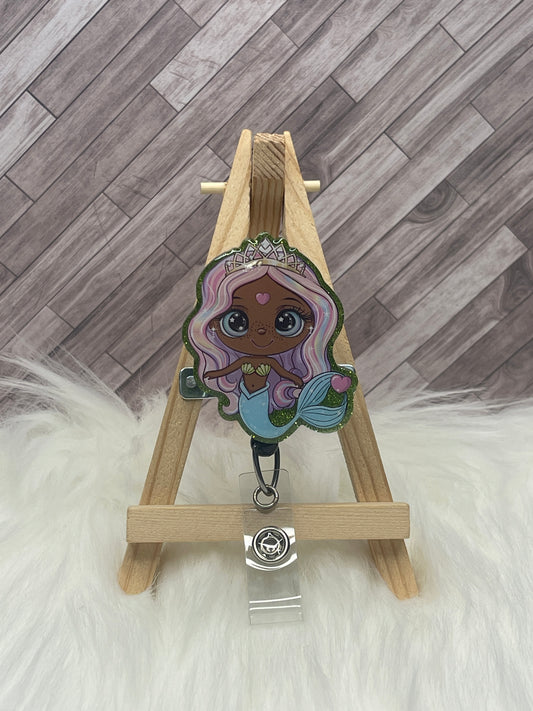 Mermaid Princess Dark Skin Glittered Interchangeable Badge Reel Topper