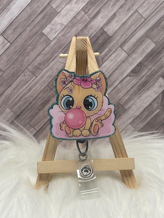 Bubble Gum Kitty Glittered Interchangeable Badge Reel Topper