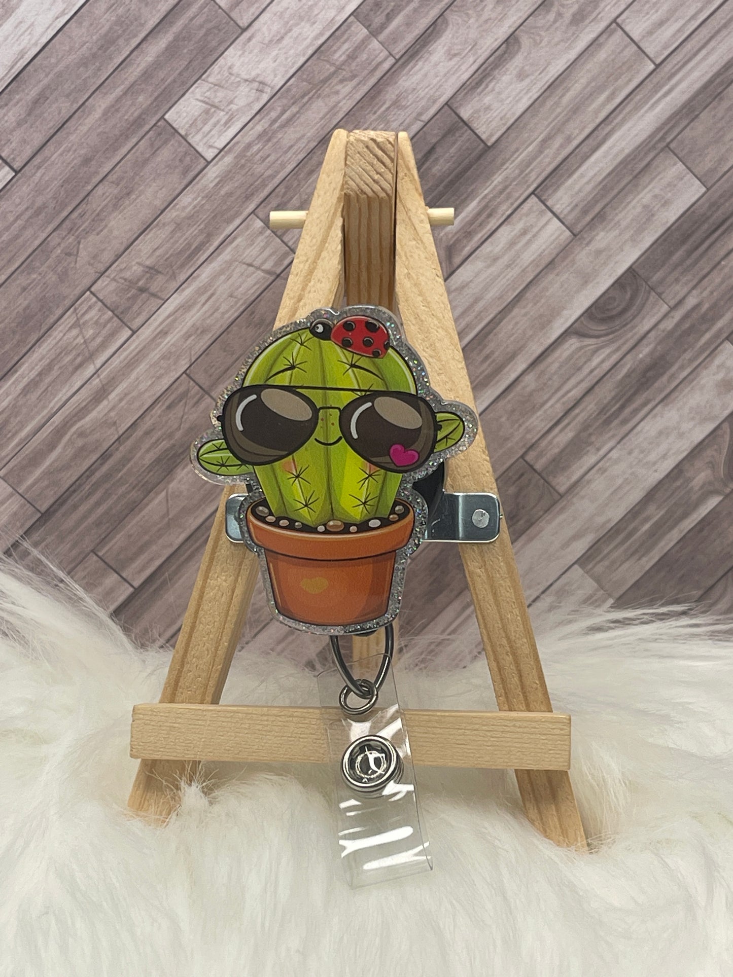 Cactus with Sunglasses Glittered Interchangeable Badge Reel Topper