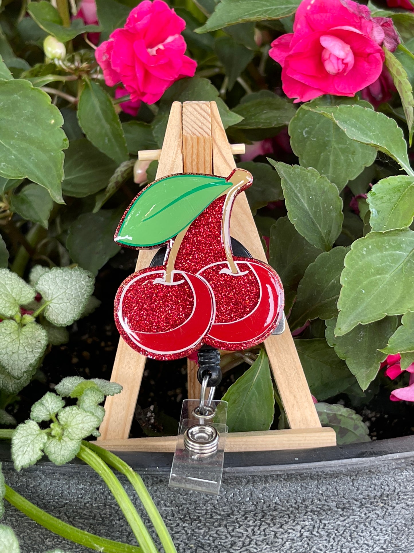 Cherry Glittered Interchangeable Badge Reel Topper