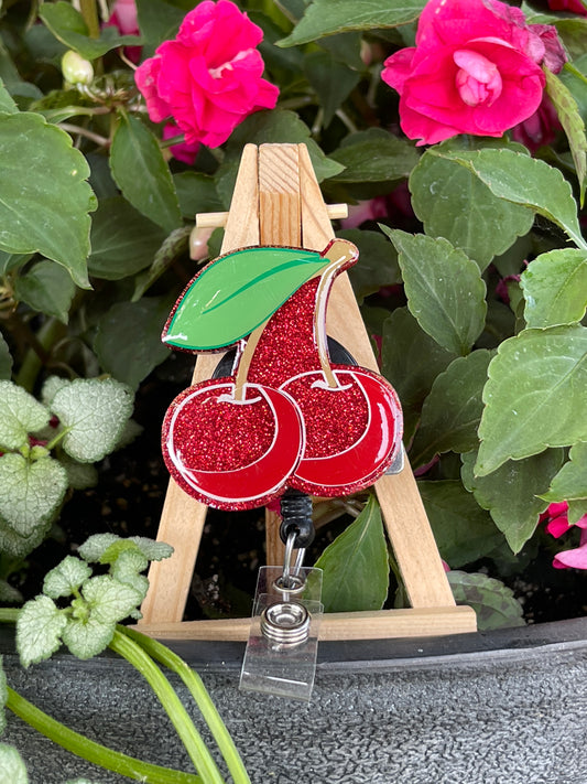 Cherry Glittered Interchangeable Badge Reel Topper